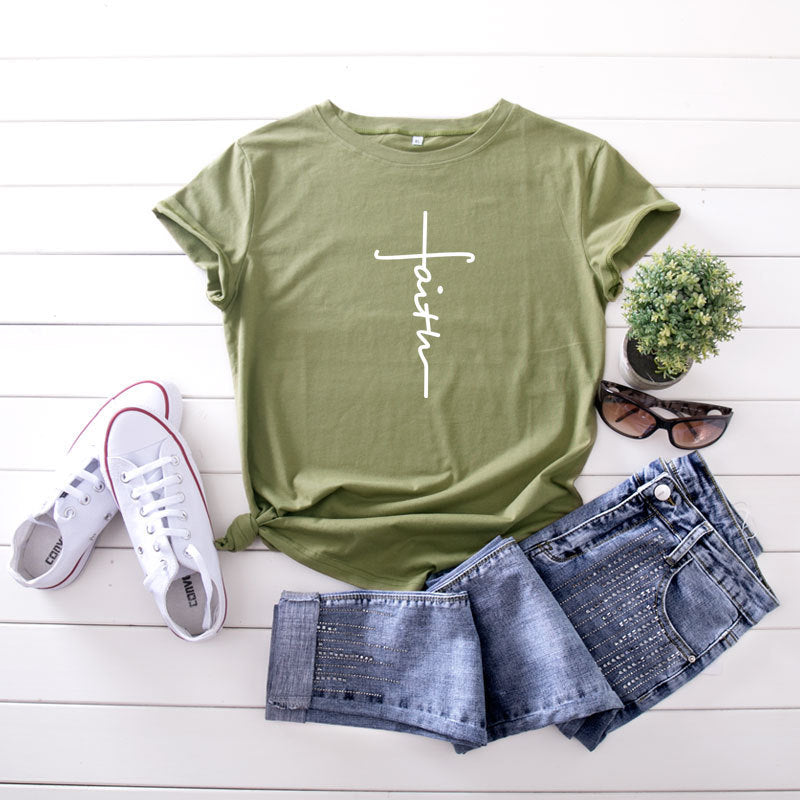 Colorful Fashion Hot Sale Women's Tops Cross Faith Graphic Printed Casual Short Sleeve T-Shirt